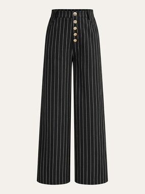 Commense Black Pinstripe High-Waist Wide-Leg Pants with Gold Buttons
